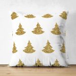 Çift Taraflı Beyaz Zeminde Gold Renkli Çam Ağacı Desenli Dijital Baskılı Modern Süet Kırlent Kılıfı Realhomes