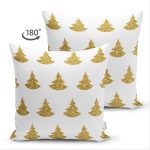 Çift Taraflı Beyaz Zeminde Gold Renkli Çam Ağacı Desenli Dijital Baskılı Modern Süet Kırlent Kılıfı Realhomes