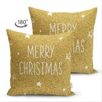 Çift Taraflı Gold Zeminde Merry Christmas Yazılı Dijital Baskılı Modern Süet Yastık Kırlent Kılıfı Realhomes