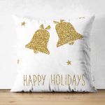 Çift Taraflı Beyaz Zeminde Gold Renkli Çan Desenli Dijital Baskılı Modern Süet Yastık Kırlent Kılıfı Realhomes