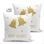 Çift Taraflı Beyaz Zeminde Gold Renkli Çan Desenli Dijital Baskılı Modern Süet Yastık Kırlent Kılıfı Realhomes