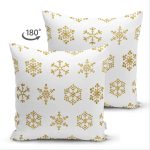 Çift Taraflı Beyaz Zeminde Gold Renkli Kar Tanesi Desenli Dijital Baskılı Modern Süet Kırlent Kılıfı Realhomes