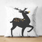 Çift Taraflı Beyaz Zeminde Siyah Renkli Geyik Desenli Dijital Baskılı Modern Süet Yastık Kılıfı Realhomes