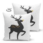 Çift Taraflı Beyaz Zeminde Siyah Renkli Geyik Desenli Dijital Baskılı Modern Süet Yastık Kılıfı Realhomes