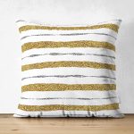 Çift Taraflı Beyaz Zeminde Gold Çizgili Dijital Baskılı Modern Süet Yastık Kırlent Kılıfı Realhomes
