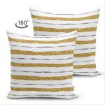Çift Taraflı Beyaz Zeminde Gold Çizgili Dijital Baskılı Modern Süet Yastık Kırlent Kılıfı Realhomes