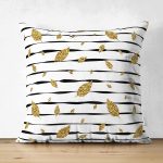 - Suet-K-7163-Gorsel1 - Realhomes  Çift Taraflı Siyah Beyaz Zeminli Gold Yaprak Desenli Dijital Baskılı Modern Süet Yastık Kılıfı Realhomes