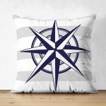 Çift Taraflı Gri Beyaz Zeminde Pusula Desenli Dijital Baskılı Modern Süet Yastık Kırlent Kılıfı Realhomes