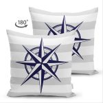 Çift Taraflı Gri Beyaz Zeminde Pusula Desenli Dijital Baskılı Modern Süet Yastık Kırlent Kılıfı Realhomes