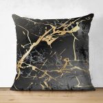 Çift Taraflı Siyah Zeminde Gold Renkli Çizim Desenli Dijital Baskılı Modern Süet Yastık Kılıfı Realhomes