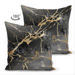 Çift Taraflı Siyah Zeminde Gold Renkli Çizim Desenli Dijital Baskılı Modern Süet Yastık Kılıfı Realhomes