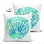 - Suet-K-7230-Gorsel2 - Realhomes Çift Taraflı Beyaz Zeminde Yeşil Renkli Deniz Kabuğu Desenli Modern Süet Yastık Kırlent Kılıfı Realhomes