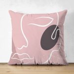 Çift Taraflı Pudra Zeminde Onedraw Çizimli Silüet Dijital Baskılı Modern Süet Yastık Kırlent Kılıfı Realhomes