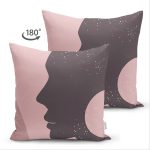 Çift Taraflı Pudra Zeminde Onedraw Çizimli Silüet Dijital Baskılı Modern Süet Yastık Kırlent Kılıfı Realhomes
