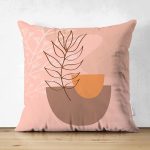 Çift Taraflı Pudra Zeminde Onedraw Çizimli Yaprak Desenli Dijital Baskılı Modern Süet Kırlent Kılıfı Realhomes