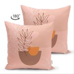 Çift Taraflı Pudra Zeminde Onedraw Çizimli Yaprak Desenli Dijital Baskılı Modern Süet Kırlent Kılıfı Realhomes