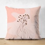 Çift Taraflı Pudra Zeminde Onedraw Çizimli Yaprak Desenli Dijital Baskılı Modern Süet Kırlent Kılıfı Realhomes