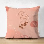 Çift Taraflı Pudra Zeminde Onedraw Çizimli Yaprak Desenli Dijital Baskılı Modern Süet Kırlent Kılıfı Realhomes