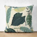 Çift Taraflı Soft Renkli Zemin Üzerinde Koyu Renkli Yaprak Desenli Süet Yastık Kırlent Kılıfı Realhomes