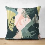 - Suet-K-7247-Gorsel1 - Realhomes  Çift Taraflı Koyu Zemin Üzerinde Onedraw Çizimli Yeşil Renkli Yapraklar Süet Yastık Kırlent Kılıfı Realhomes