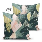 - Suet-K-7247-Gorsel2 - Realhomes  Çift Taraflı Koyu Zemin Üzerinde Onedraw Çizimli Yeşil Renkli Yapraklar Süet Yastık Kırlent Kılıfı Realhomes