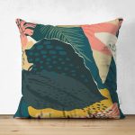 - Suet-K-7248-Gorsel1 - Realhomes Çift Taraflı Renkli Zeminli Koyu Renkli Yapraklar Dijital Baskılı Modern Süet Yastık Kırlent Kılıfı Realhomes