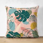 - Suet-K-7249-Gorsel1 - Realhomes Çift Taraflı Pudra Zemin Üzerinde Onedraw Çizimli Yaprak Desenli Süet Yastık Kırlent Kılıfı Realhomes