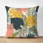 - Suet-K-7251-Gorsel1 - Realhomes  Çift Taraflı Pudra Zeminde Renkli Yaprak Desenli Dijital Baskılı Modern Süet Yastık Kırlent Kılıfı Realhomes