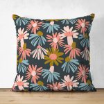 Çift Taraflı Siyah Zemin Üzerinde Renkli Çiçek Desenli Süet Yastık Kırlent Kılıfı Realhomes