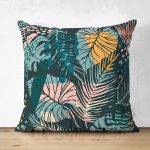 Çift Taraflı Siyah Zeminde Renkli Yaprak Desenli Dijital Baskılı Modern Süet Yastık Kırlent Kılıfı Realhomes