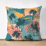 - Suet-K-7265-Gorsel1 - Realhomes Çift Taraflı Renkli Zemin Üzerinde Palmiye Desenli Dijital Baskılı Modern Süet Yastık Kırlent Kılıfı Realhomes