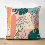 Çift Taraflı Renkli Zemin Üzerinde Onedraw Çizimli Yapraklar Modern Süet Yastık Kırlent Kılıfı Realhomes