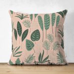 Çift Taraflı Pudra Zemin Üzerinde Yeşil Yapraklı Dijital Baskılı Modern Süet Yastık Kırlent Kılıfı Realhomes
