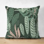 - Suet-K-7269-Gorsel1 - Realhomes Çift Taraflı Yeşil Zemin Üzerinde Onedraw Çizimli Yaprak Desenli Süet Yastık Kırlent Kılıfı Realhomes
