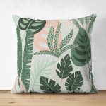 - Suet-K-7270-Gorsel1 - Realhomes Çift Taraflı Soft Renkli Zemin Üzerinde Koyu Renkli Yaprak Desenli Süet Yastık Kırlent Kılıfı Realhomes