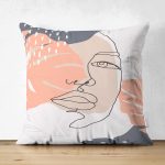 - Suet-K-7288-Gorsel1 - Realhomes Çift Taraflı Beyaz Zemin Üzerinde Onedraw Çizimli Bayan Silüeti Modern Süet Yastık Kırlent Kılıfı Realhomes