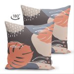 Çift Taraflı Renkli Zemin Üzerinde Onedraw Çizimli Yaprak Motifli Süet Yastık Kırlent Kılıfı Realhomes