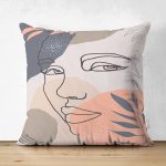 - Suet-K-7290-Gorsel1 - Realhomes Çift Taraflı Beyaz Zeminde Onedraw Çizimli Bayan Silüeti Dijital Baskılı Modern Süet Kırlent Kılıfı Realhomes