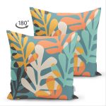 Çift Taraflı Renkli Zemin Üzerinde Onedraw Çizimli Yaprak Motifli Süet Yastık Kırlent Kılıfı Realhomes