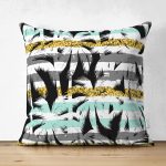 - Suet-K-7300-Gorsel1 - Realhomes  Çift Taraflı Beyaz Zemin Üzerinde Renkli Çizgli Yaprak Desenli Modern Süet Yastık Kırlent Kılıfı Realhomes