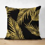 Çift Taraflı Siyah Zemin Üzerinde Gold Renkli Yaprak Desenli Modern Süet Yastık Kırlent Kılıfı Realhomes