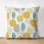 Çift Taraflı Renkli Zemin Üzerinde Yaprak Motifli Dijital Baskılı Modern Süet Yastık Kırlent Kılıfı Realhomes