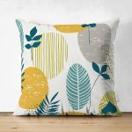 - Suet-K-7307-Gorsel1 - Realhomes Çift Taraflı Beyaz Zemin Üzerinde Yaprak Desenli Dijital Baskılı Modern Süet Yastık Kırlent Kılıfı Realhomes