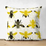 Çift Taraflı Beyaz Zemin Üzerinde Arı Motifli Dijital Baskılı Modern Süet Yastık Kırlent Kılıfı Realhomes