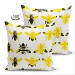 Çift Taraflı Beyaz Zemin Üzerinde Arı Motifli Dijital Baskılı Modern Süet Yastık Kırlent Kılıfı Realhomes