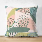 Çift Taraflı Soft Renkli Zemin Üzerinde Onedraw Çizimli Yaprak Motifli Süet Yastık Kırlent Kılıfı Realhomes