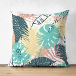 Çift Taraflı Beyaz Zeminli Renkli Yaprak Desenli Dijital Baskılı Modern Süet Yastık Kırlent Kılıfı Realhomes