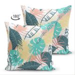 Çift Taraflı Beyaz Zeminli Renkli Yaprak Desenli Dijital Baskılı Modern Süet Yastık Kırlent Kılıfı Realhomes