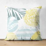 - Suet-K-7324-Gorsel1 - Realhomes Çift Taraflı Beyaz Zemin Üzerinde Soft Renkli Yaprak Motifli Modern Süet Yastık Kırlent Kılıfı Realhomes