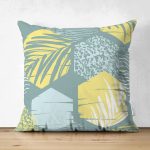 - Suet-K-7327-Gorsel1 - Realhomes Çift Taraflı Renkli Zemin Üzerinde Onedraw Çizimli Yaprak Motifli Süet Yastık Kırlent Kılıfı Realhomes